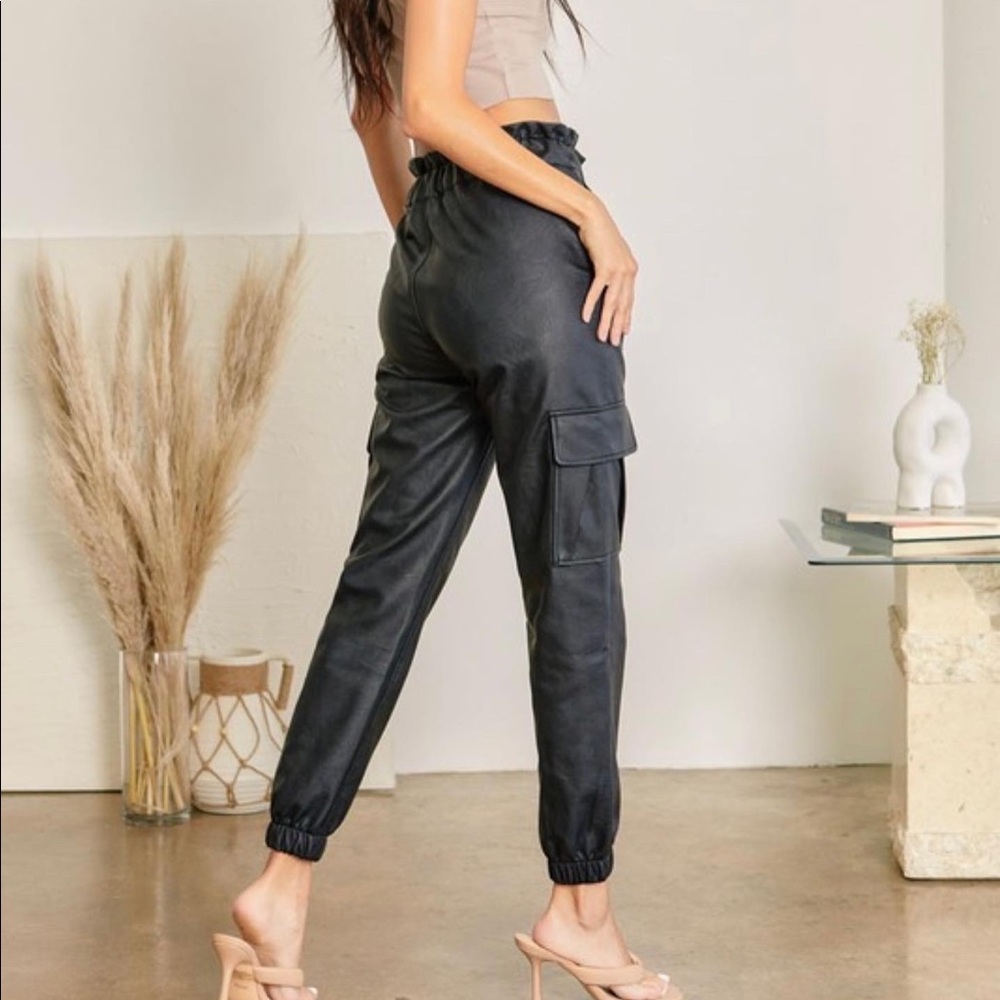 Black high waisted Leather Paperbag Joggers